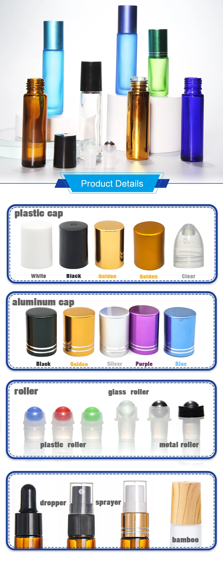 Wholesale 10ml Clear Amber Blue Empty Essential Oil Bottle Lip Gloss Roller Tube Glass Roll on Bottles with Metal Roller Ball Aluminum Cap Plastic Cap