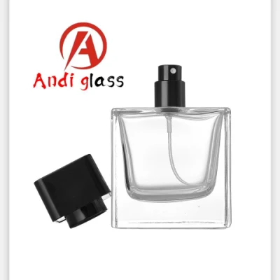 Leere quadratische Flasche, 50 ml/100 ml, Glas-Parfümflasche, Nebelpumpen-Sprühflasche, leer, kein Gewinde, Schraubverschluss, Flaschenhalsversiegelung mit gekräuseltem Sprühgerät, Kosmetik